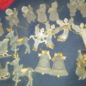 2 complete vintage Frosted Acrylic gold trimmed Christmas Tree Ornaments